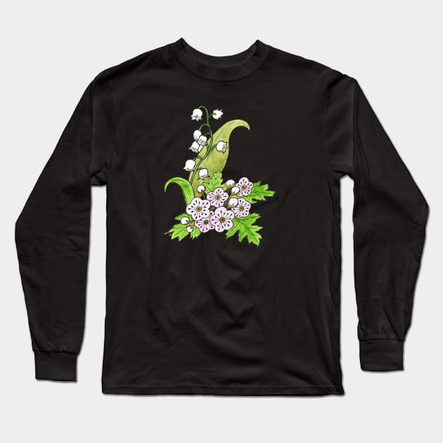 May Birth Flower - Lilly of the Valley and Hawthorn Long Sleeve T-Shirt by JodiLynnDoodles